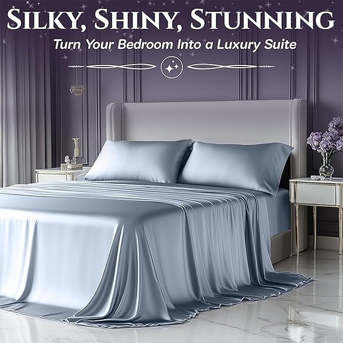 SLEEP SANCTUARY Satin Sheets King Size – 4 Piece Luxury Silky Bed Set, Softer Than Silk, 15" Deep Pocket, Cooling & Wrinkle-Free, Moisture-Wicking & Breathable for Hair & Skin (Baby Blue)