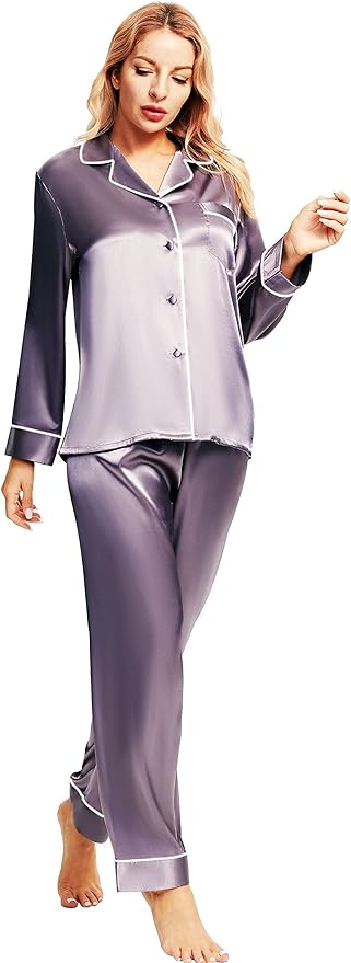 SIHA Satin Silk Pajamas for Women Pajama Set With Long Sleeve Button-Down Satin Pajamas Sleepwear XS-3XL