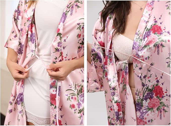 QXQTER Peony Floral Silky Satin Robe Wedding Bridal Party Bride Bridesmaid Robes for Women Dressing Gown Kimono Robe