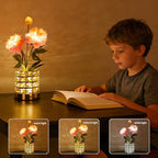 Flower Table Lamp, Orchid Flower with Crystal Vase Lamp, Cordless Touch Desk Light, 3 Colors Dimming & Rechargeable, Small Night Light for Bedroom Home, Romantic Gifts for Girl Women (Peony-Pink)