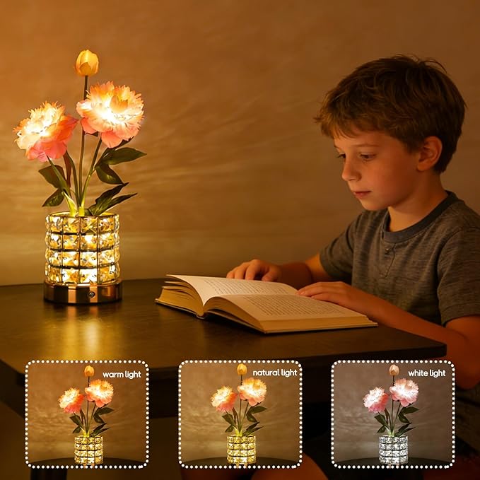 Flower Table Lamp, Orchid Flower with Crystal Vase Lamp, Cordless Touch Desk Light, 3 Colors Dimming & Rechargeable, Small Night Light for Bedroom Home, Romantic Gifts for Girl Women (Peony-Pink)
