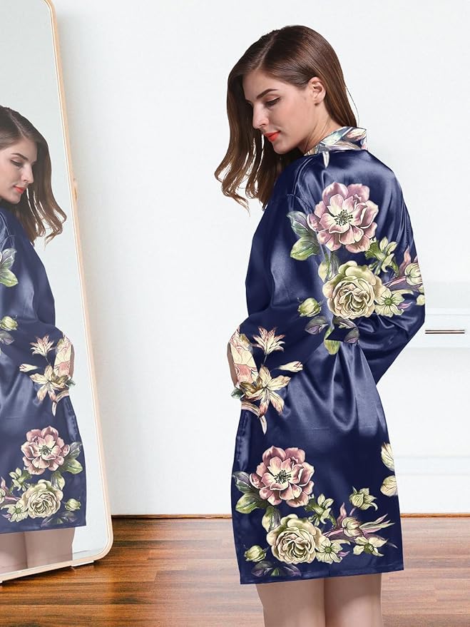 WJing Yi Jia Womens Satin Kimono Robe Silky Robes Floral Bathrobe Bride Bridesmaid Wedding Bridal Dressing Gown Loungewear