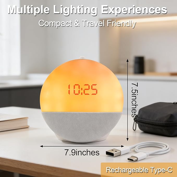 Sunrise Alarm Clock with Bluetooth Speaker, Dual Alarm Clock Radio with White Noise Sleep Machine, RGB Bedside Night Light, FM Radio, 10W Stereo Sound, Rechargeable Smart Clock for Bedroom