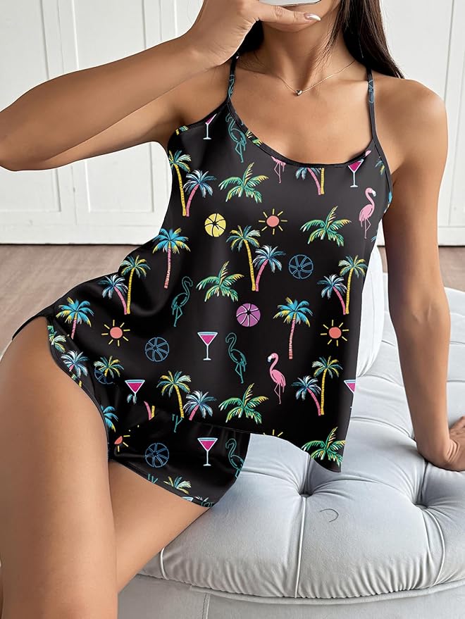 Ekouaer Silk Pajamas Set for Women Satin Backless Lingerie Pjs Cami Top and Shorts Nightwear