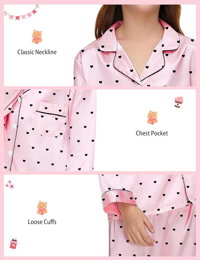 EPLAZA Kids Satin Pajamas Sets Girls Boys Button-Down Silky Pajamas Sleepwear with Hairband Eye Mask Hair Tie