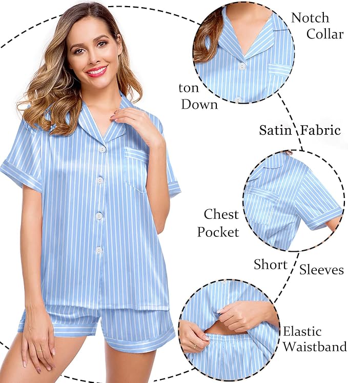 LecGee Womens Silk Satin Pajamas Short Sleeve Loungewear Two-Piece Sleepwear Button-Down Pj Set