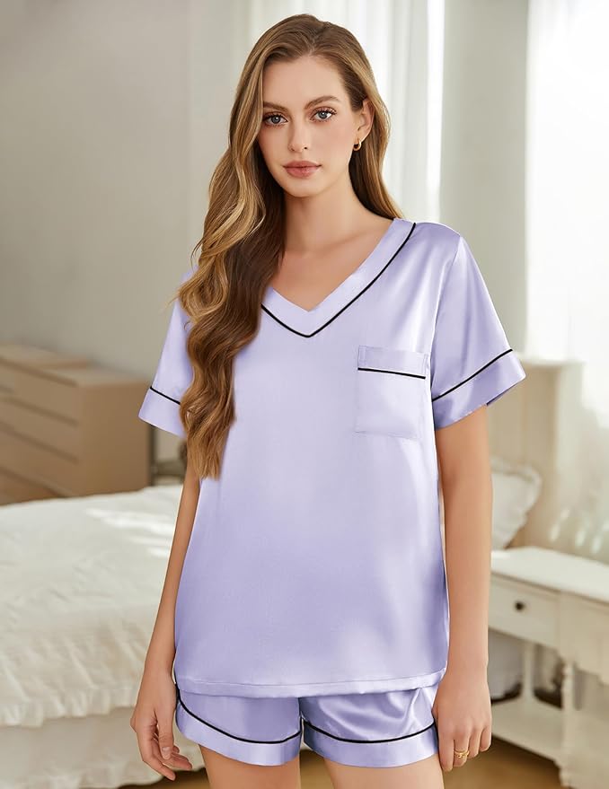 Silk Pajamas for Women Short Sleeve Satin 2 Piece Pj Set Soft V Neck Sleepwear Loungewear, S-XXL