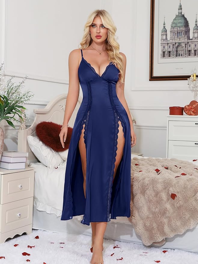 CRIPOM Lingerie Dress for Women V Neck Long Sexy Nightgowns for Women Side Split Sexy Night Gowns