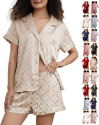 WJing Yi Jia Womens Silk Satin Pajamas Loungewear Two-Piece Sleepwear Button-Down Floral Pj Set XS-4XL