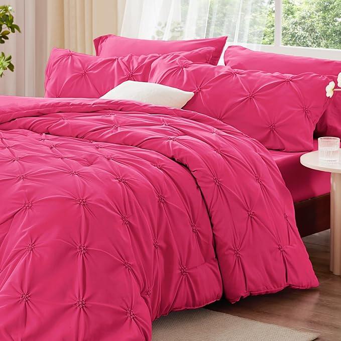 BEDELITE Hot Pink King Size Comforter Set - 3 Pieces Boho Pintuck Bedding Comforter Sets, Lightweight Soft & Warm King Bedding Set with 2 Pillowcases for All Season