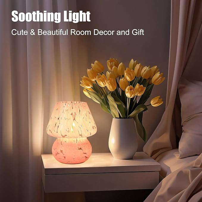 Mushroom Lamp, Small Bedside Table Lamp for Bedroom, Living Room, Cute Nightstand Lamp, Translucent Pink Glass Desk Light with E26 2700K Bulb, Home Decor Gift for Girls Women