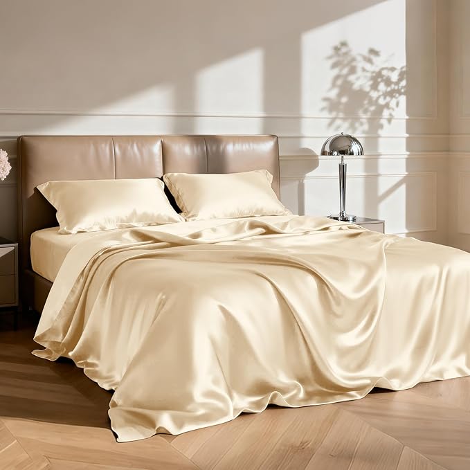 Love's cabin Satin Sheet Set, 3 Piece - Twin XL, Beige, Luxury Silky Soft Bed Linen with Deep Pockets
