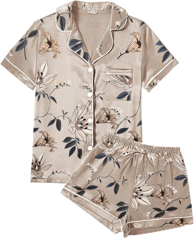 WJing Yi Jia 4Pcs Womens Satin Silky Pajama Sets Short Sleeve Shirt XS-4XL Floral Pajamas Set Soft PJ Loungewear Sleepwear