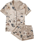 WJing Yi Jia 4Pcs Womens Satin Silky Pajama Sets Short Sleeve Shirt XS-4XL Floral Pajamas Set Soft PJ Loungewear Sleepwear