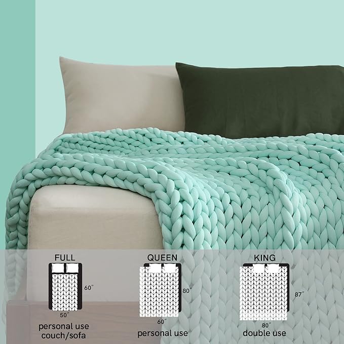 YnM Cooling Weighted Blanket, Handmade Chunky Yarn Knitted Design, Temperature Regulating and Breathable, Machine Washable Throw for Sleep or Home Decor (Menthe Green, 80x87 Inch, 25lbs)