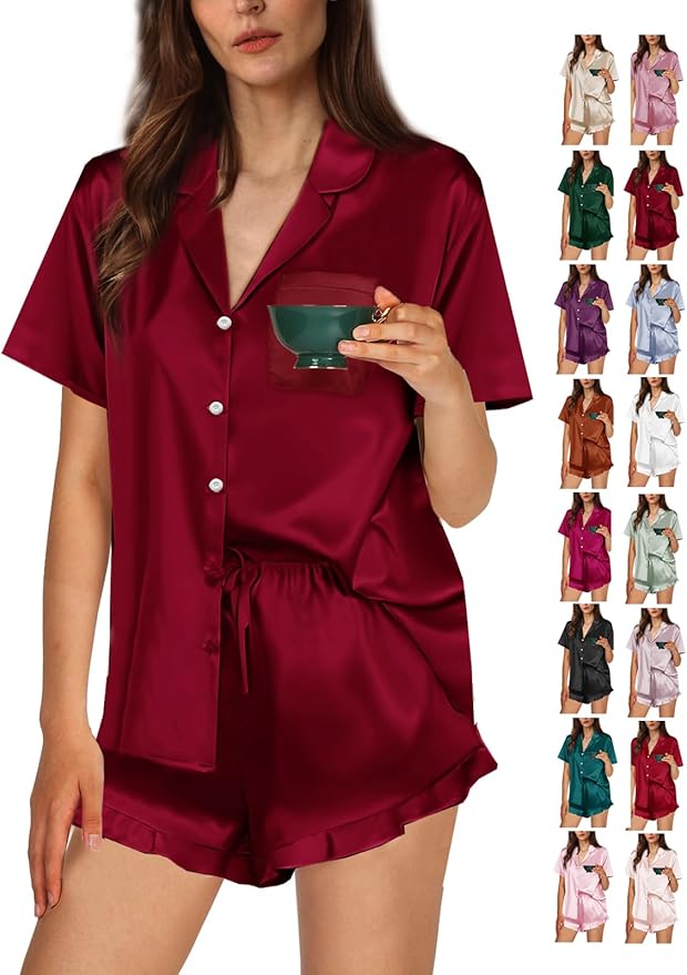 WJing Yi Jia Ruffle Pajama Sets For Women XS-4XL Womens Silk Satin Pajamas Set Silky Sleepwear Pj Sets Nightwear Loungewear