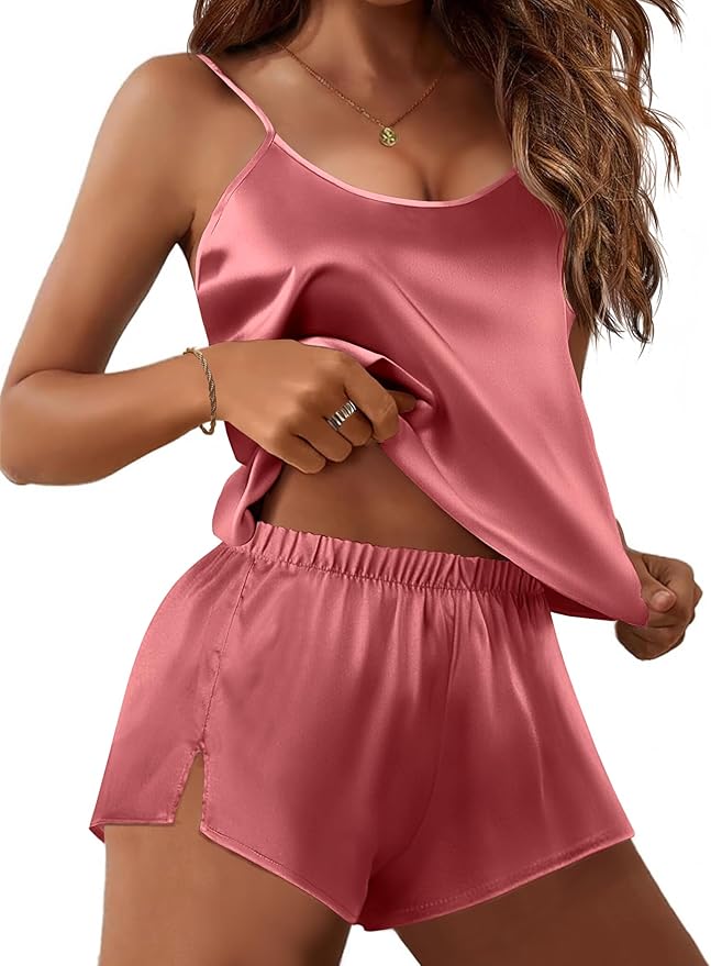 Ekouaer Silk Pajamas Set for Women Satin Lingerie Pjs Cami Top and Shorts Soft 2 Piece Nightwear