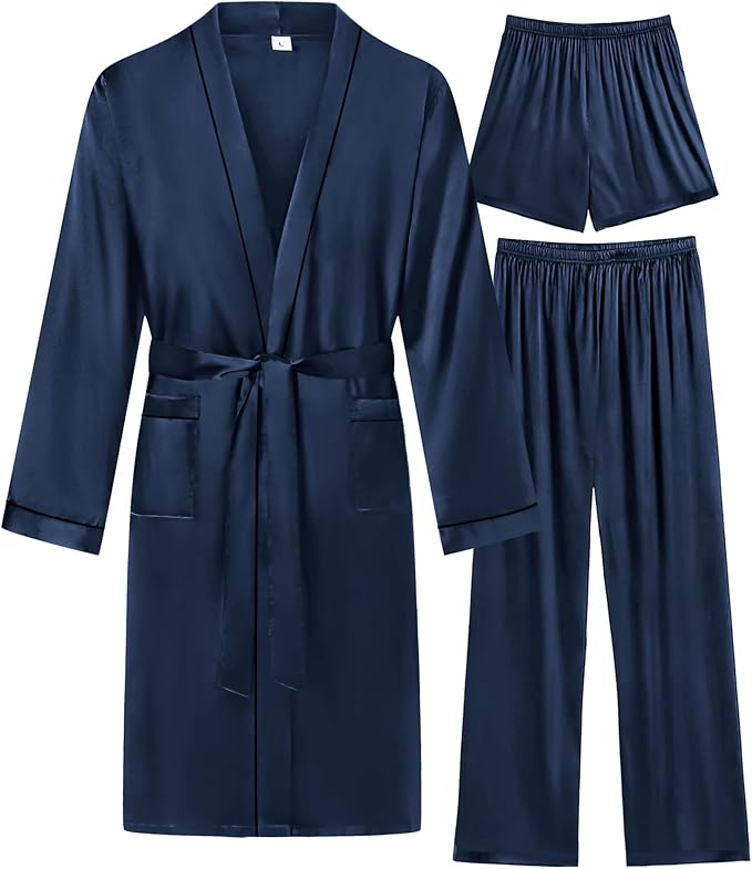 SWOMOG Mens 3 PCS Satin Robe with Pants & Shorts Set Kimono Bathrobe Long Sleeve Sleepwear Pjs Sets with Pockets