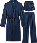 SWOMOG Mens 3 PCS Satin Robe with Pants & Shorts Set Kimono Bathrobe Long Sleeve Sleepwear Pjs Sets with Pockets