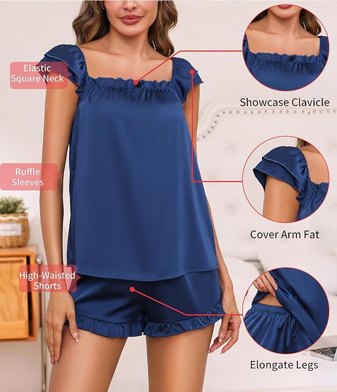 Satin Pajama Set for Women 2 Piece Silk Pjs Ruffle Sleeve Top and Shorts Cute Bridal Sleepwear Set S-XXL