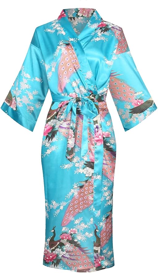 Valennia Women Long Silky Bathrobe Satin Kimono Robe Floral Printed Dressing Gown Sleepwear