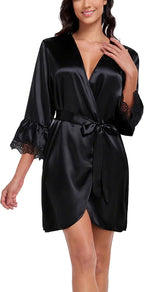 Lace Trim Satin Robes for Women Bride Bridesmaid Silky Kimono Robe Valentines Lingerie with Bell Sleeves