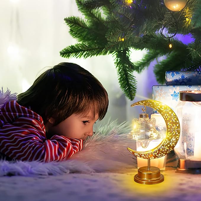 LED Moon Lamp Romantic Iron Desk Lamp Ambient Lighting Night Light Lamps for Nightstand Aesthetic Bedside Lamps Night Stand Lamp Mood Lighting Home Bedroom Decor Cute Stuff (Without Batteries) (Gold)