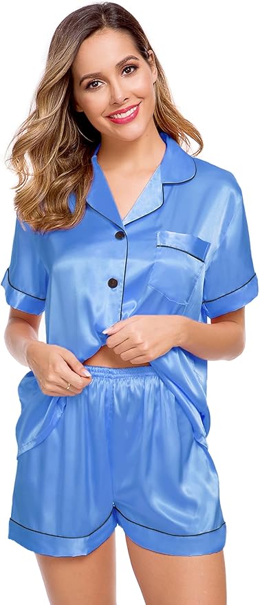 LecGee Womens Silk Satin Pajamas Short Sleeve Loungewear Two-Piece Sleepwear Button-Down Pj Set