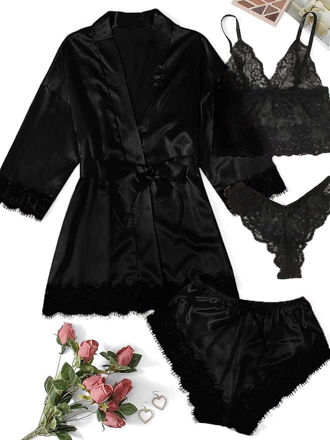 WDIRARA Women' Silk Satin Pajamas Set 4pcs Lingerie Floral Lace Cami Sleepwear with Robe