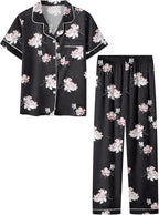 Umeyda Girls Womens Pajamas Set, Satin Silky Button Down Loungewear 2 Piece Short Sleeve Pants PJS Sets for Mommy Kids