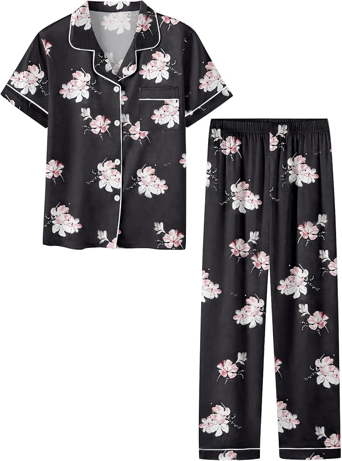 Umeyda Girls Womens Pajamas Set, Satin Silky Button Down Loungewear 2 Piece Short Sleeve Pants PJS Sets for Mommy Kids