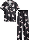 Umeyda Girls Womens Pajamas Set, Satin Silky Button Down Loungewear 2 Piece Short Sleeve Pants PJS Sets for Mommy Kids