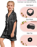 EPLAZA Kids Satin Pajamas Sets Girls Boys Button-Down Silky Pajamas Sleepwear with Hairband Eye Mask Hair Tie