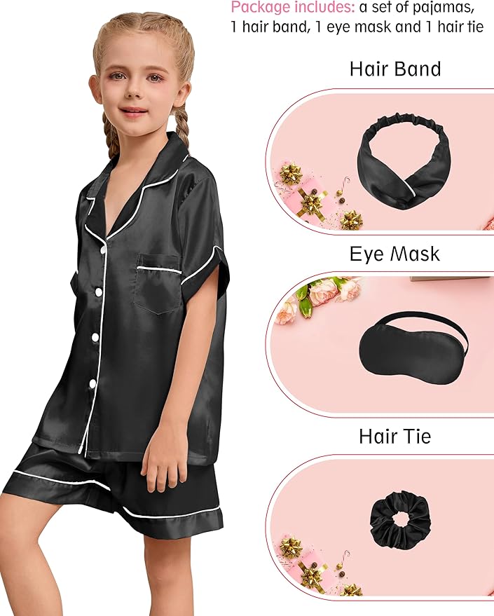 EPLAZA Kids Satin Pajamas Sets Girls Boys Button-Down Silky Pajamas Sleepwear with Hairband Eye Mask Hair Tie