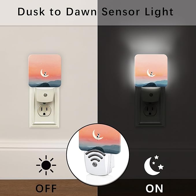 Cow Night Lights Plug Into Wall, Fanciful Playful Moon Mountain None Peach Plug in Night Light with Dusk to Dawn Sensor for Guest Room Basement Office Decor 2pcs