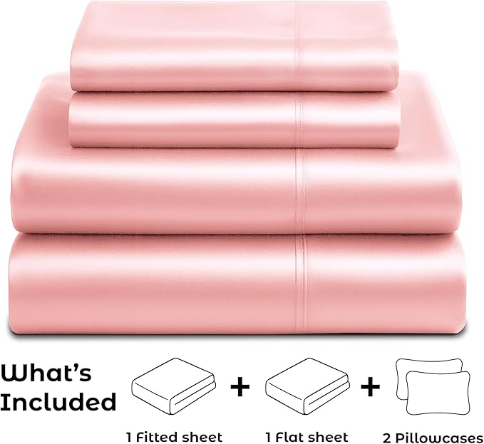 Pure Bedding Satin Sheets Full [4-Piece, Pink] Hotel Luxury Silky Bed Sheets - Extra Soft 1800 Microfiber Sheet Set, Wrinkle, Fade, Deep Pocket Fitted Sheet, Flat Sheet, Pillow Cases
