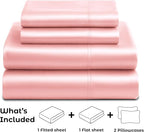 Pure Bedding Satin Sheets Full [4-Piece, Pink] Hotel Luxury Silky Bed Sheets - Extra Soft 1800 Microfiber Sheet Set, Wrinkle, Fade, Deep Pocket Fitted Sheet, Flat Sheet, Pillow Cases