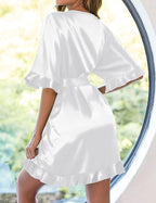 Ekouaer Womens Silk Ruffle Robe Short Satin Kimono Robe Half Sleeve Bathrobe Bridesmaid Wedding Party Dressing Gown