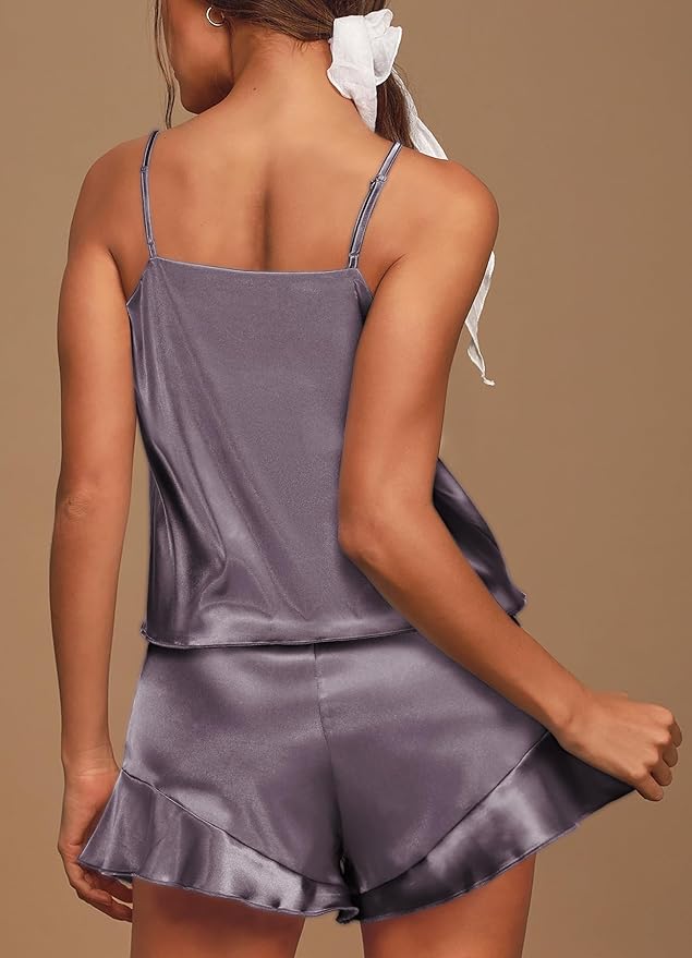 Aamikast Womens Silk Satin Pajama Sets Sexy Cami Ruffled Shorts Sets 2 Piece Pjs Sleepwear