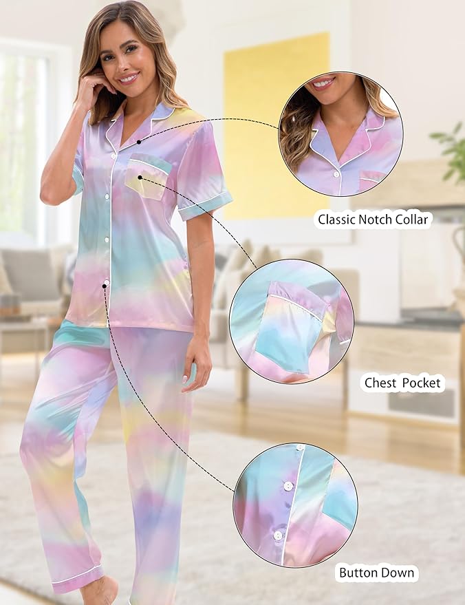 Silk Satin Pajama Set for Women 3-piece Short Sleeve Pajama with Pants Ruffle Shorts Cute Pj Set Button Down Sleepwear
