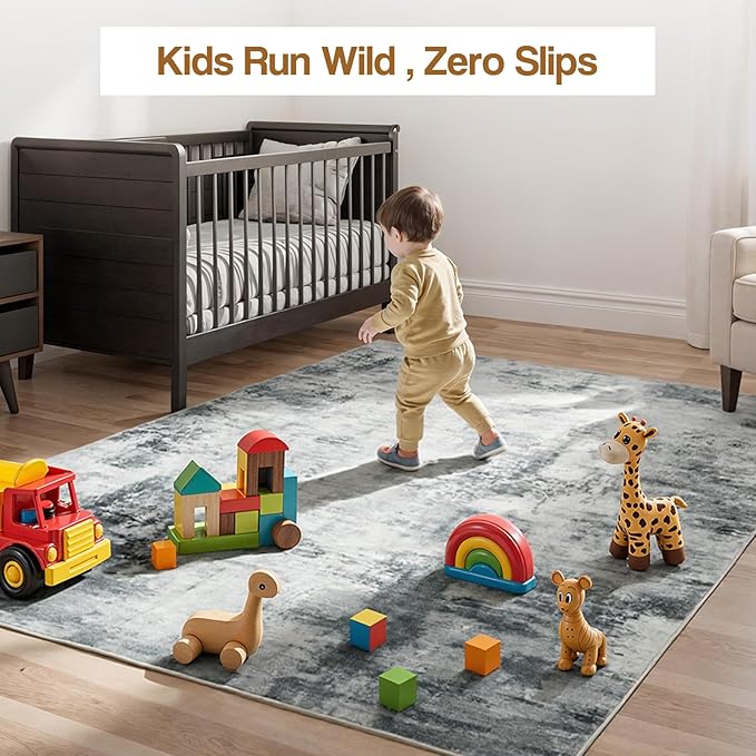 CRYPTOLITE Area Rugs 8x10 Rug for Living Room Abstract Washable Rug with Non-Slip Backing Low Pile Area Rug for Bedroom, Dining Room, Grey