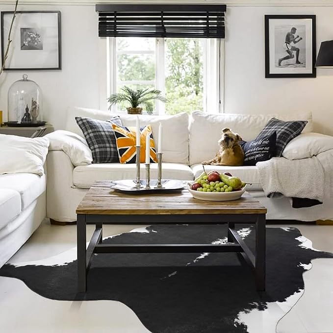 HOMORE Cowhide Rug, Cute Cow Print Rug for Living Room Faux Cow Hide Animal Print Carpet for Bedroom Office Table, 4.6 x 5.2 Feet, Black