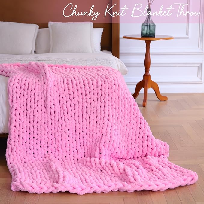 Pink Chunky Knit Throw Blanket, Soft Pink Throw Blanket Hand Knit Throw Blankets for Couch Knitted Throw Yarn Thick Boho Chunky Throws for Bed Sofa Cable Knit Blankets for Women 50x60''