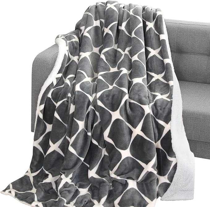 Elegant Comfort Throw Blanket, Reversible Sherpa Flannel, Ultra-Soft, Fuzzy, Cozy and Plush- All Season Lightweight Decorative Throw, 50 x 60 inches, Ogee Pattern Sherpa Throw, Silver Gray