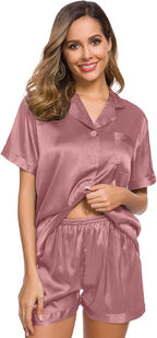 SWOMOG Womens Silk Satin Pajamas Set Short Sleeve Sleepwear Button Down Top and Shorts Loungewear 2 Piece Pjs Set XS-3XL