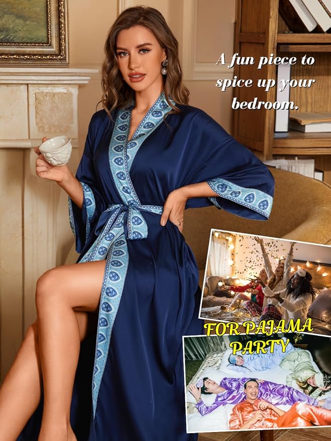 ChiaoLezhee Satin Robe Sets For Women, 2-PC Lightweight Bathrobe, Silk Sleepwear Kimono Bridesmaid Sexy Robes