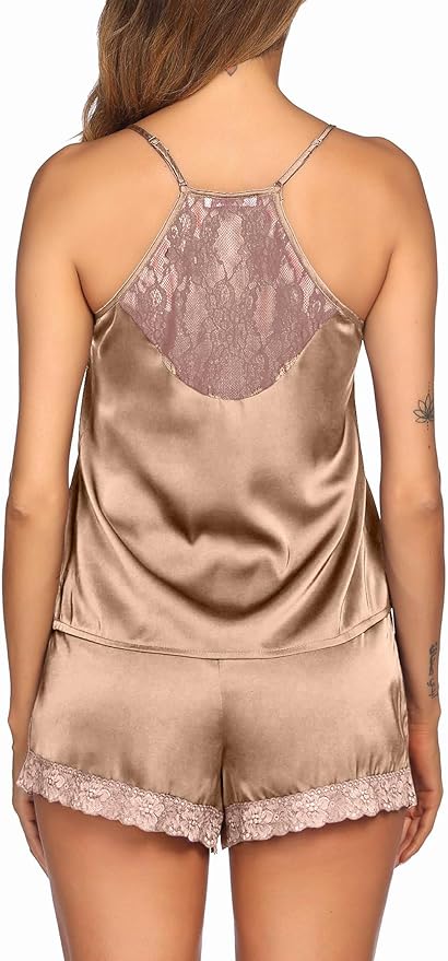 Ekouaer Satin Pajamas Women Lace Sleepwear Lingerie Cami Shorts Set Nightwear XS-XXL