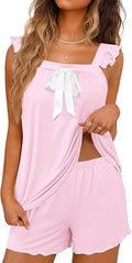 Ekouaer Women's Pajamas Sets 2 Piece Bow Bridal Pajama Cute Tank Top and Shorts Pjs Soft Ruffle Sleepwear XS-2XL