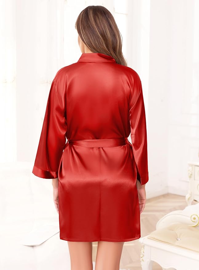 Women's Robes Satin Bathrobe Lightweight Short Silk Kimono V-Neck Bride Bridesmaids Loungewear