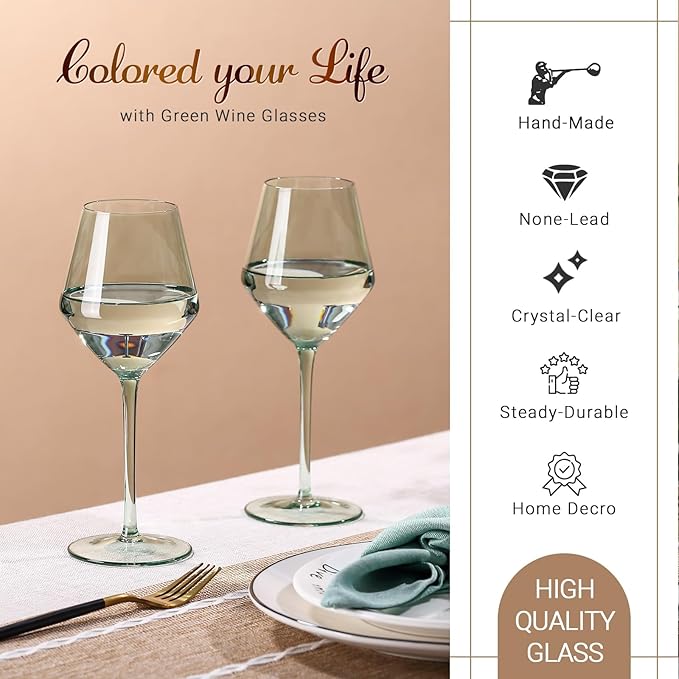 Sage Green Wine Glasses Set 6-16oz, Long Stem - Hand Blown Pale Sage Green Stemware for Wedding Deco